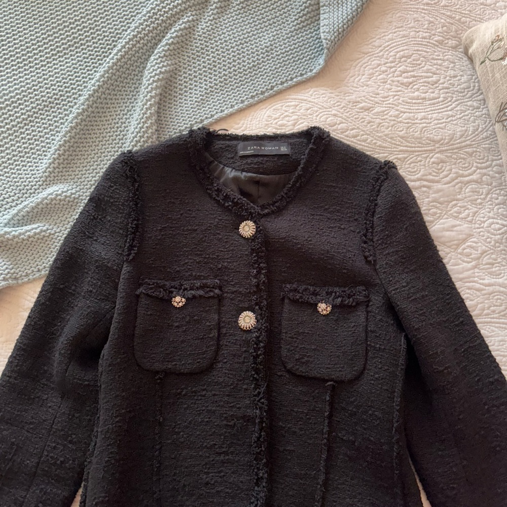 Zara Black Textured Blazer with Embellished Buttons